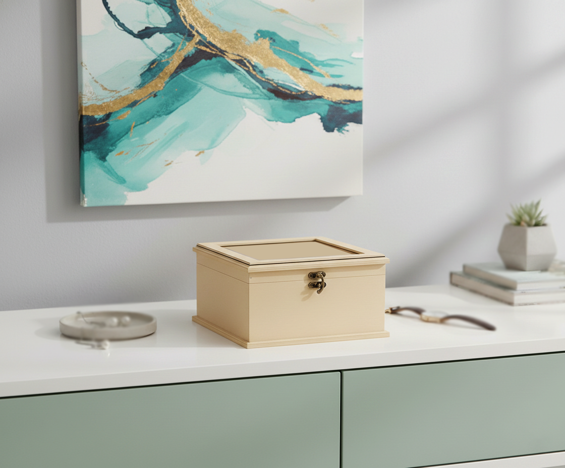 MDF DIY Jewellery Box on a surface with abstract art in the background
