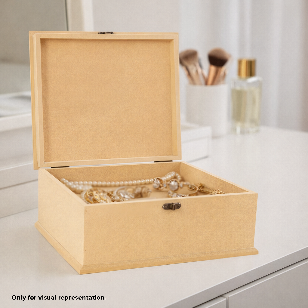 MDF DIY Jewellery Box with jewelry on a light surface