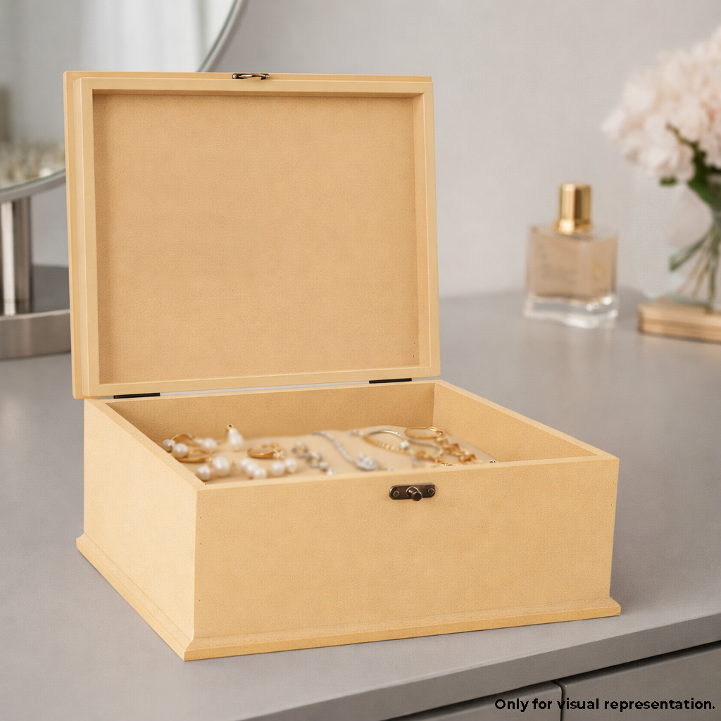 MDF DIY Jewellery Box with jewelry inside on a light gray surface.