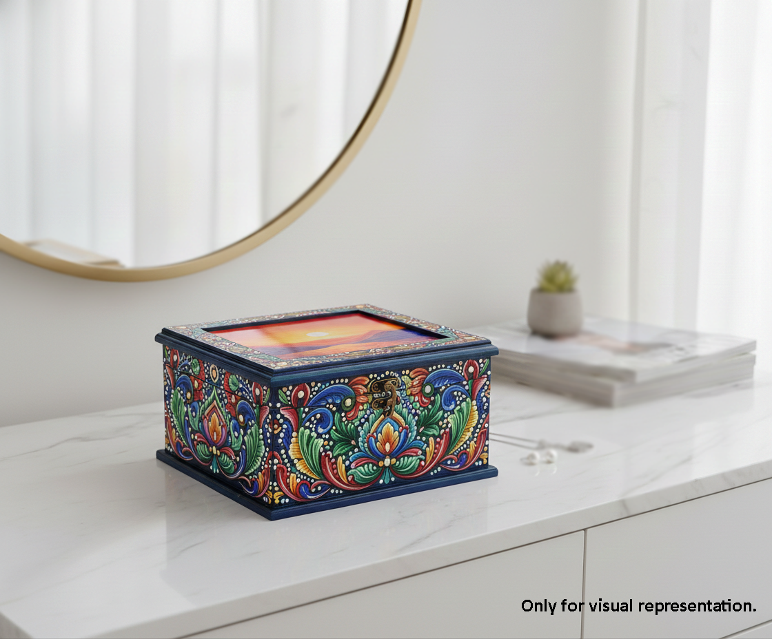 Colorful decorative MDF DIY Jewellery Box on a white surface with a blurred background