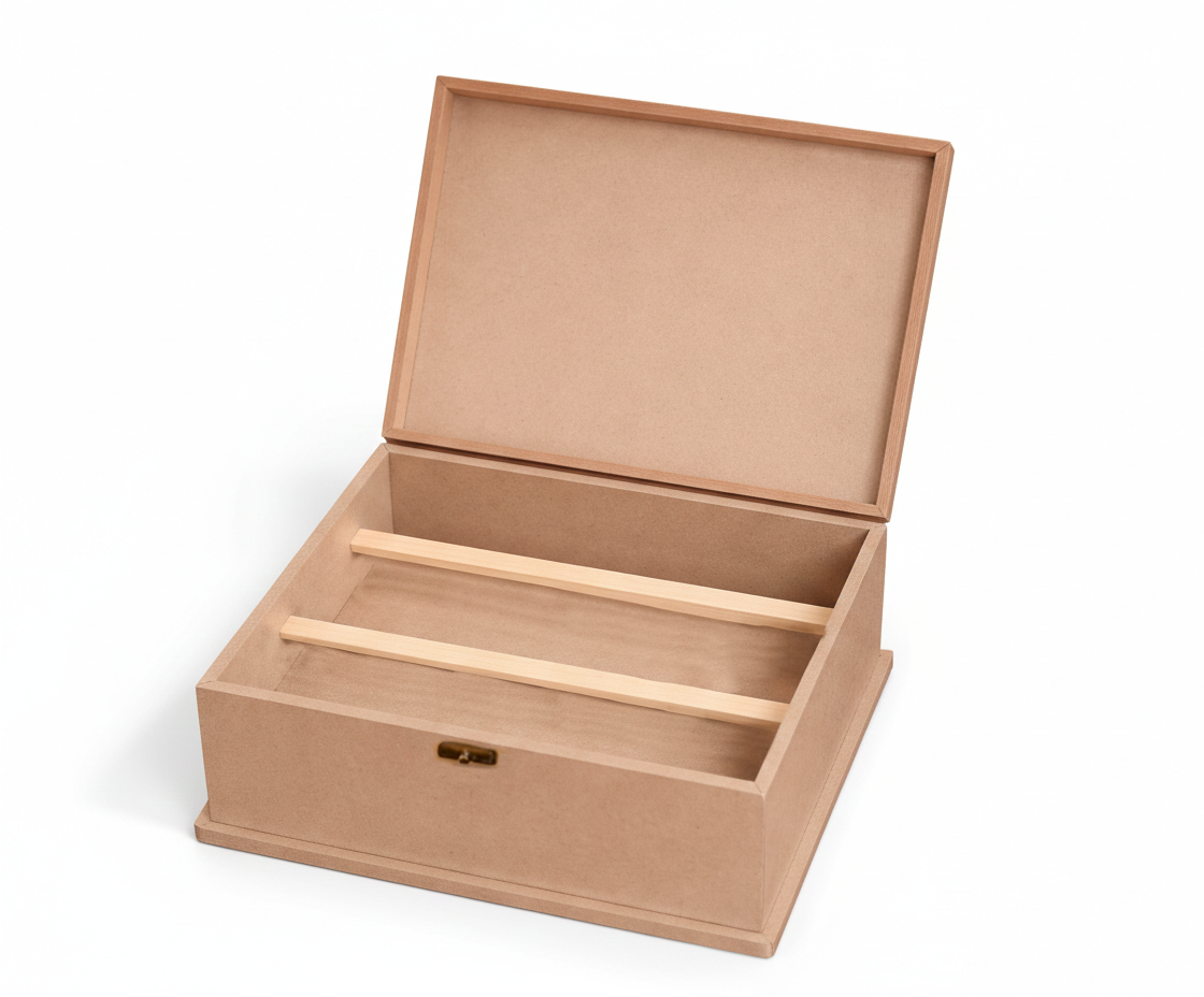 MDF DIY Jewellery Box with an open lid on a white background