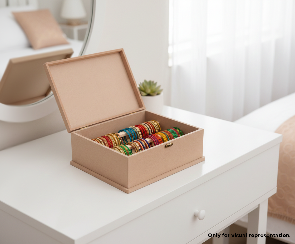 MDF DIY Jewellery Box with colorful bracelets on a white dresser.