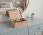 MDF DIY Jewellery Box with colorful spools on a dresser in a bedroom setting