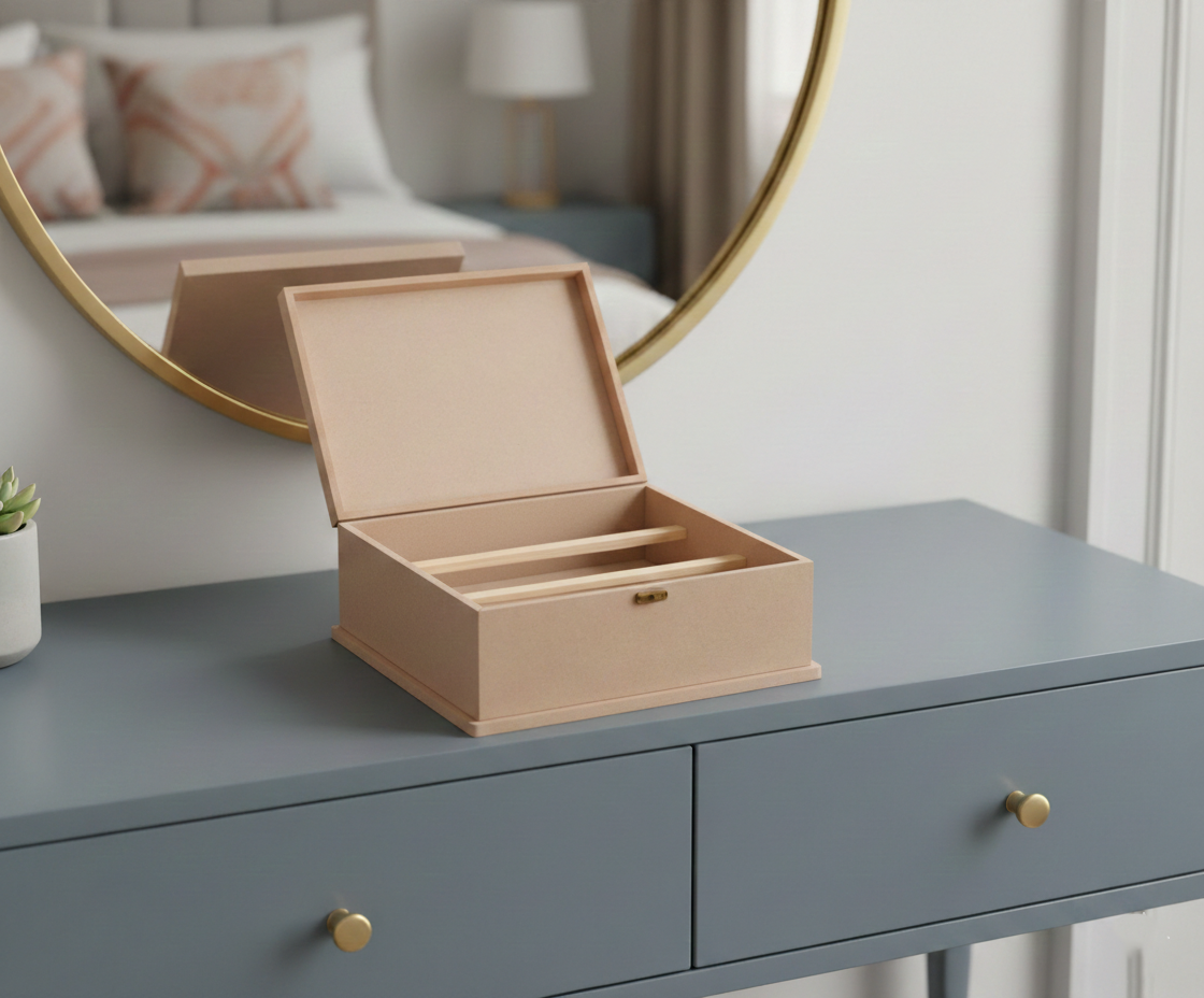 MDF DIY Jewellery Box on a dresser with a mirror and pillows in the background