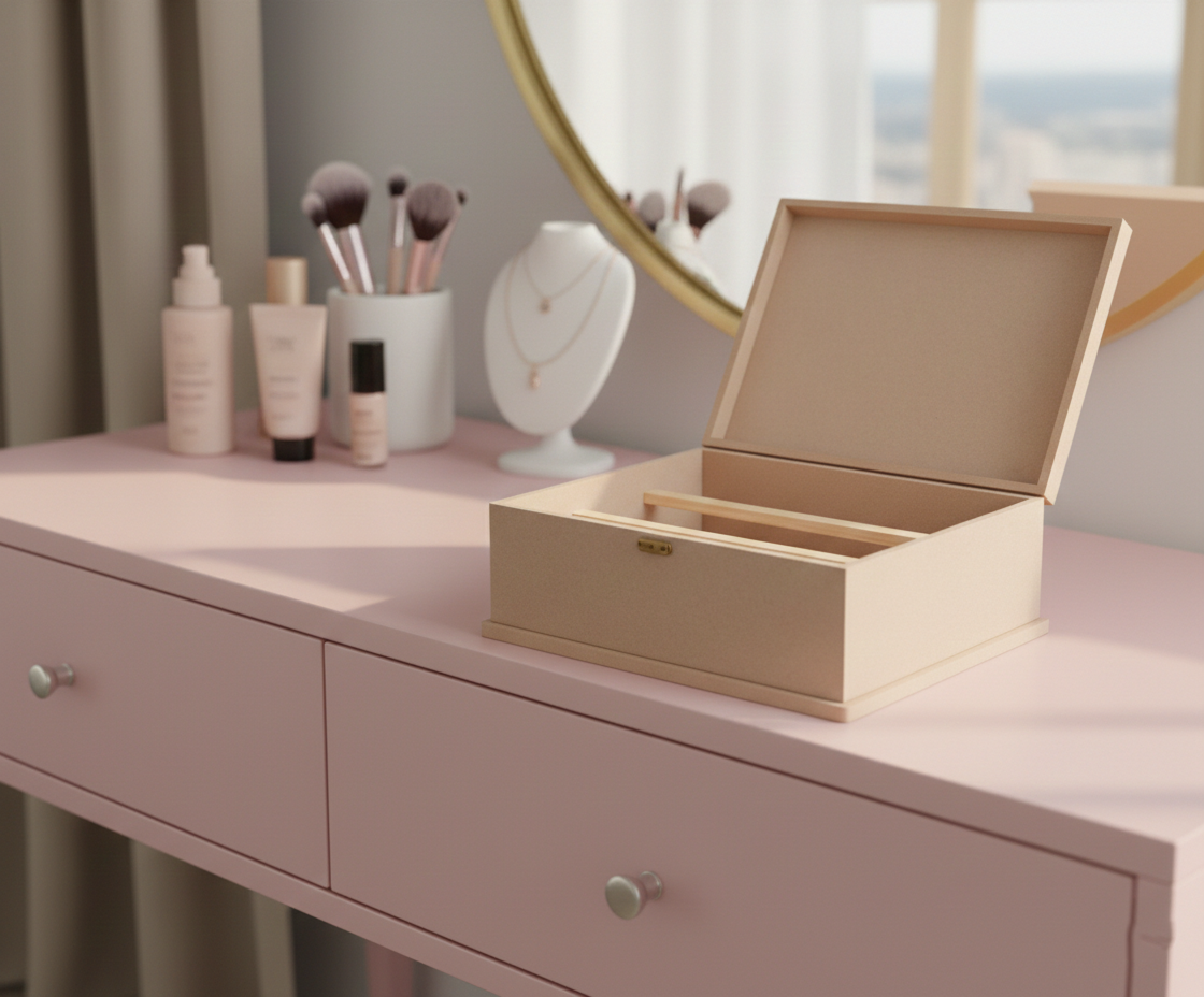 MDF DIY Jewellery Box on a pink vanity with makeup items in the background