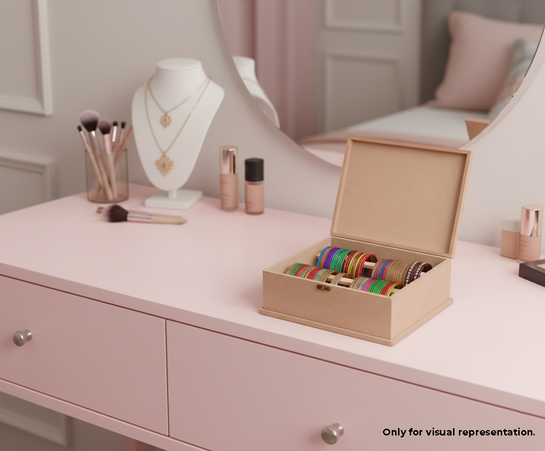 MDF DIY Jewellery Box on a pink dresser with makeup and jewellery items.