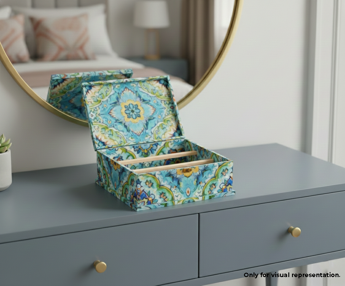Decorative MDF DIY Jewellery Box with floral pattern on a dresser