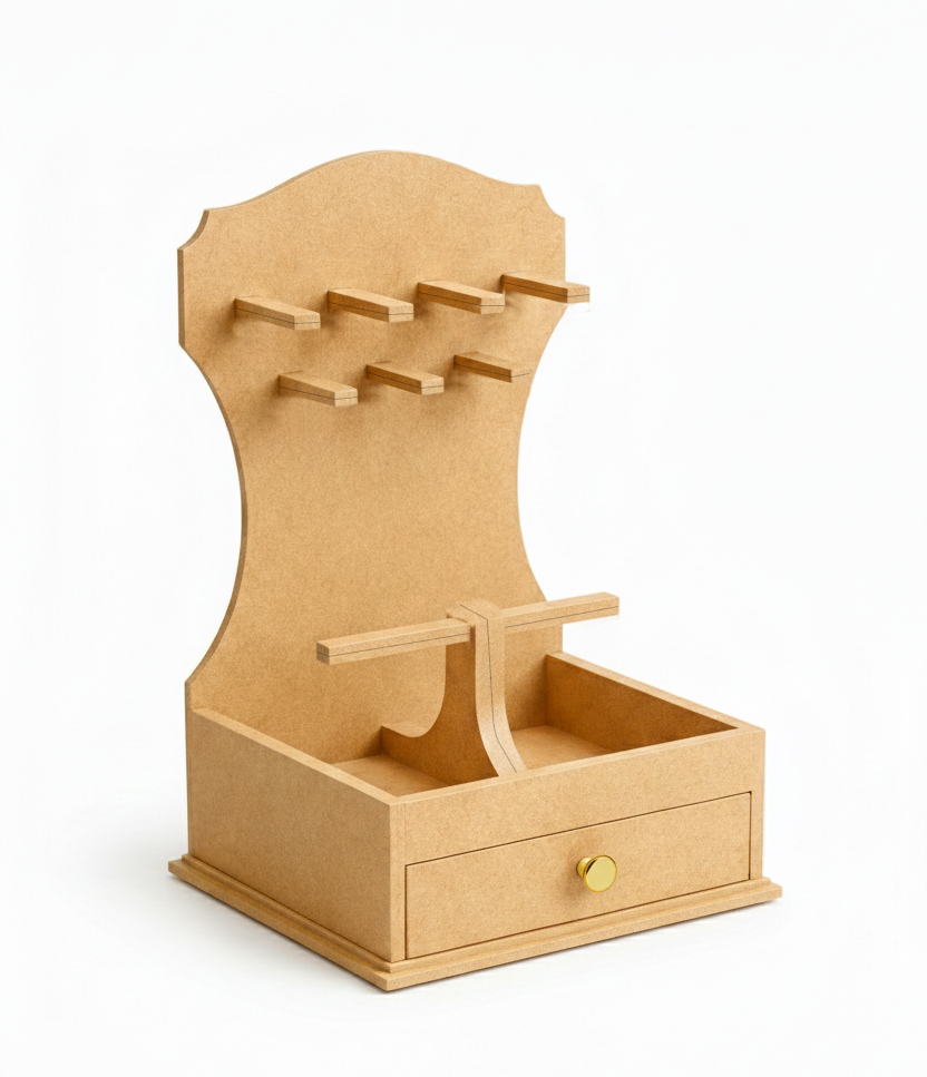 MDF DIY Jewellery Box with multiple hooks and a drawer on a white background