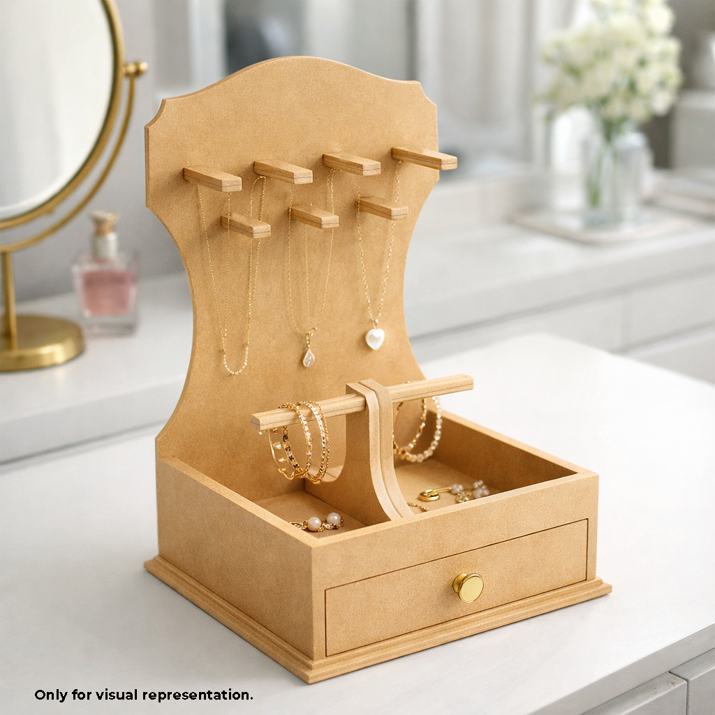 MDF DIY Jewellery Box with necklaces, bracelets, and earrings on a white surface.