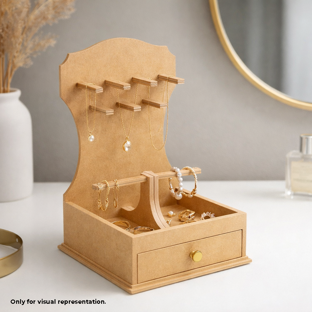 MDF DIY Jewellery Box with earrings and rings on a neutral background