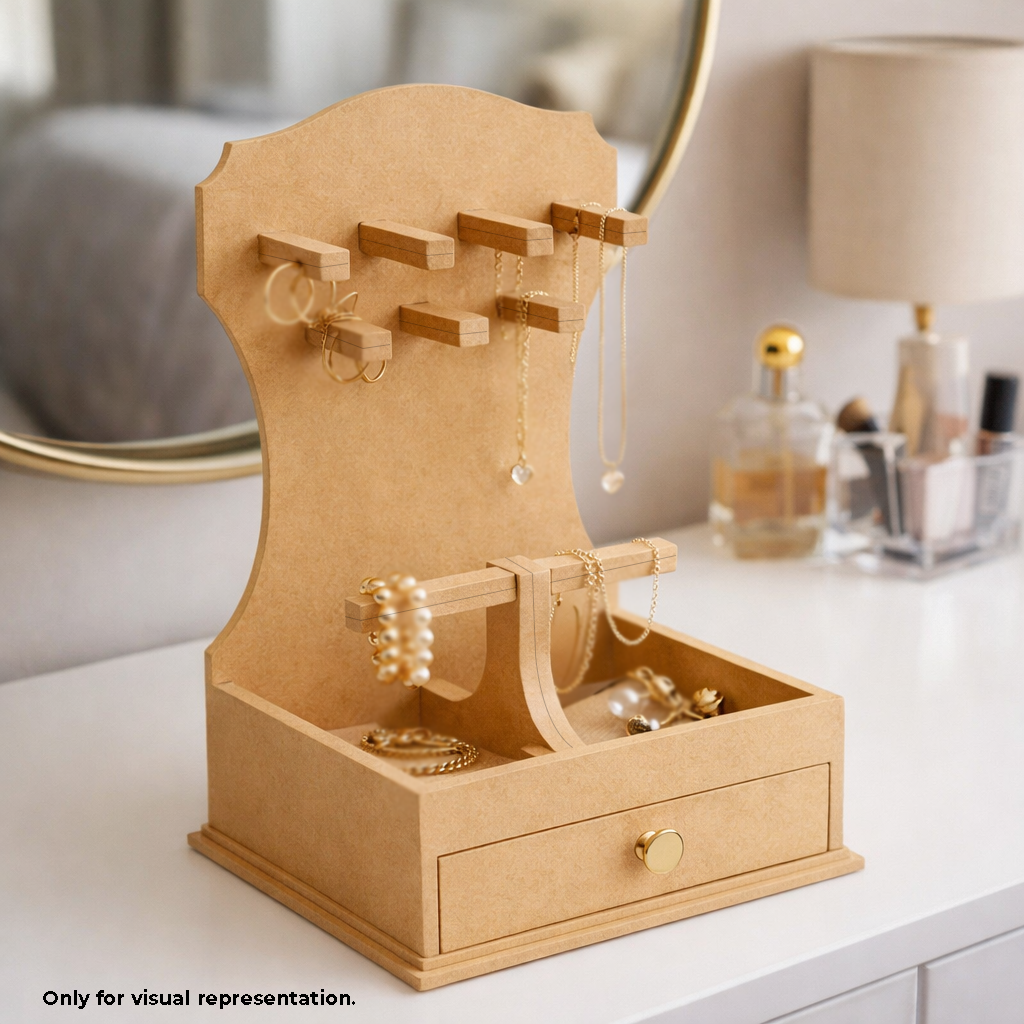 MDF DIY Jewellery Box on a dresser with jewellery items displayed.