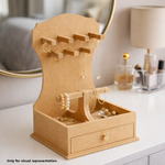 MDF DIY Jewellery Box on a dresser with jewellery items displayed.