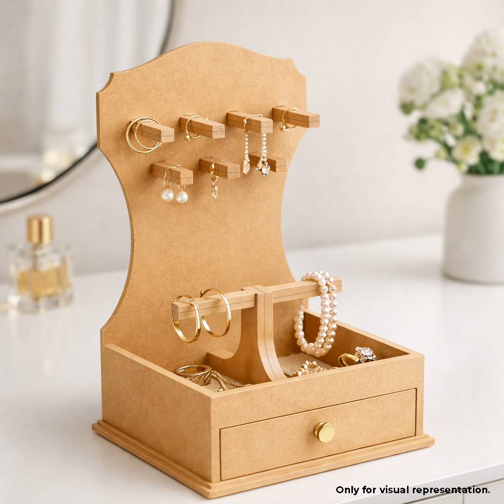 MDF DIY Jewellery Box with jewelry on a light background