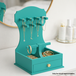 MDF DIY Jewellery Box with necklaces, bracelets, and a drawer on a white surface.