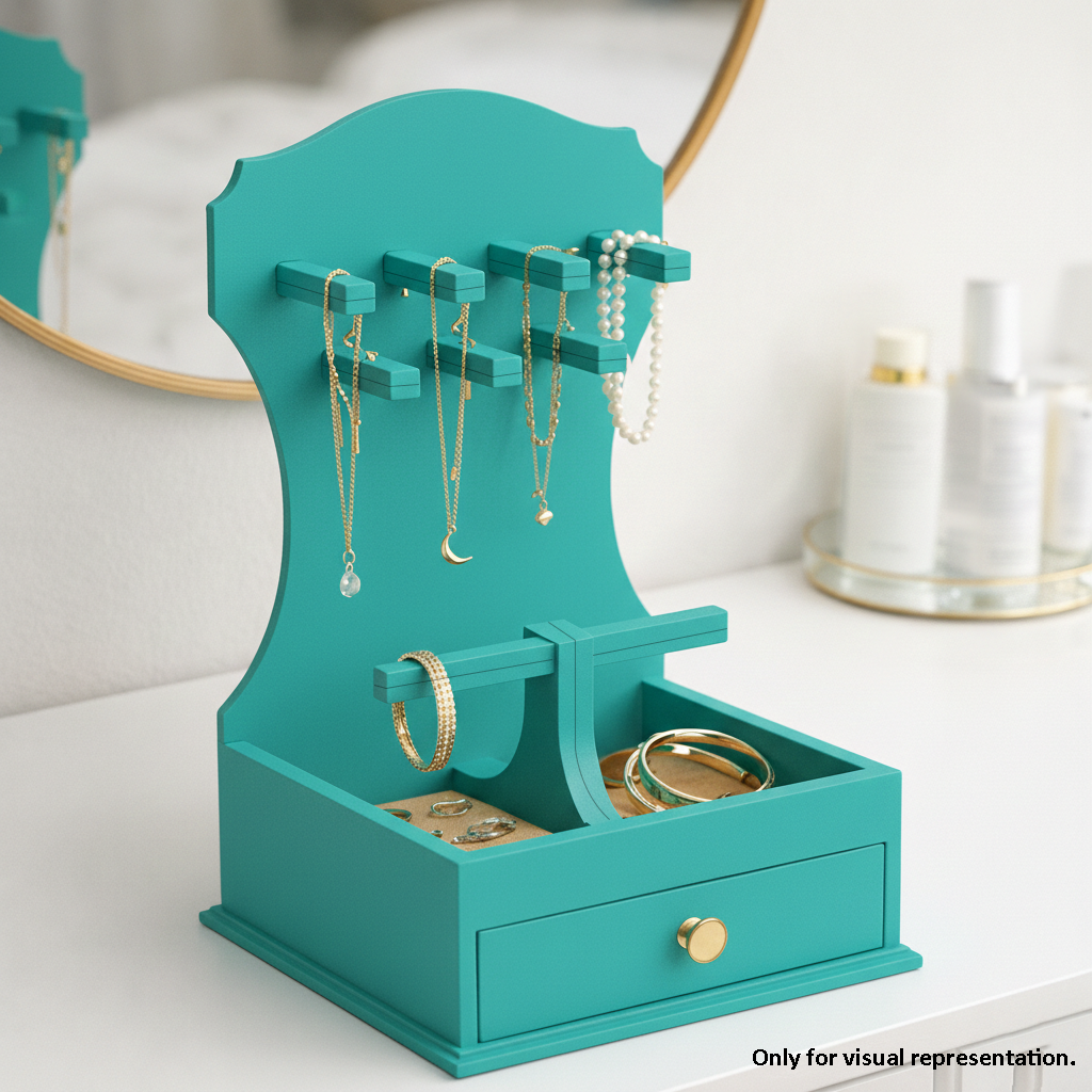 MDF DIY Jewellery Box with necklaces, bracelets, and a drawer on a white surface.