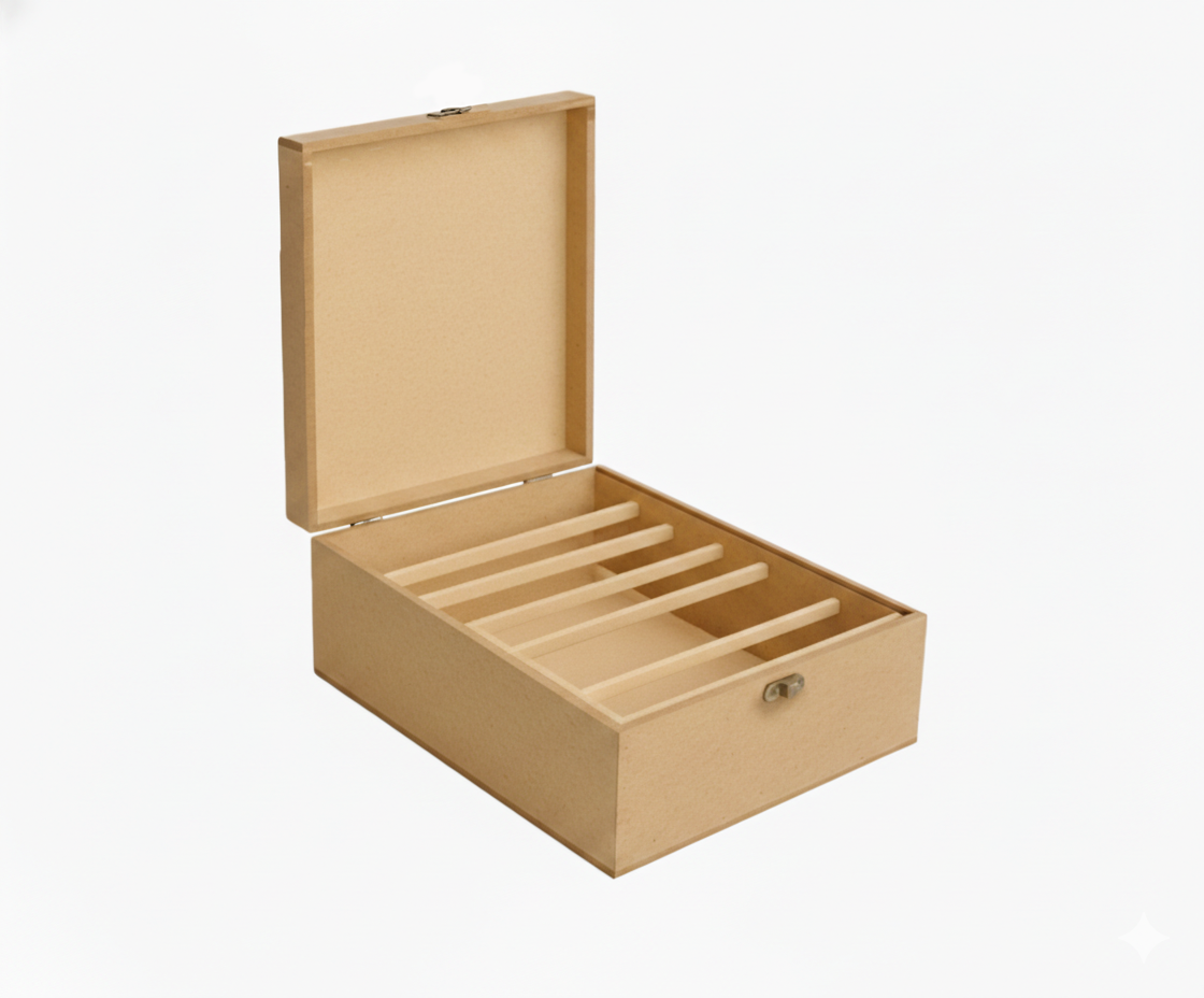 MDF DIY Jewellery Box with multiple compartments on a white background