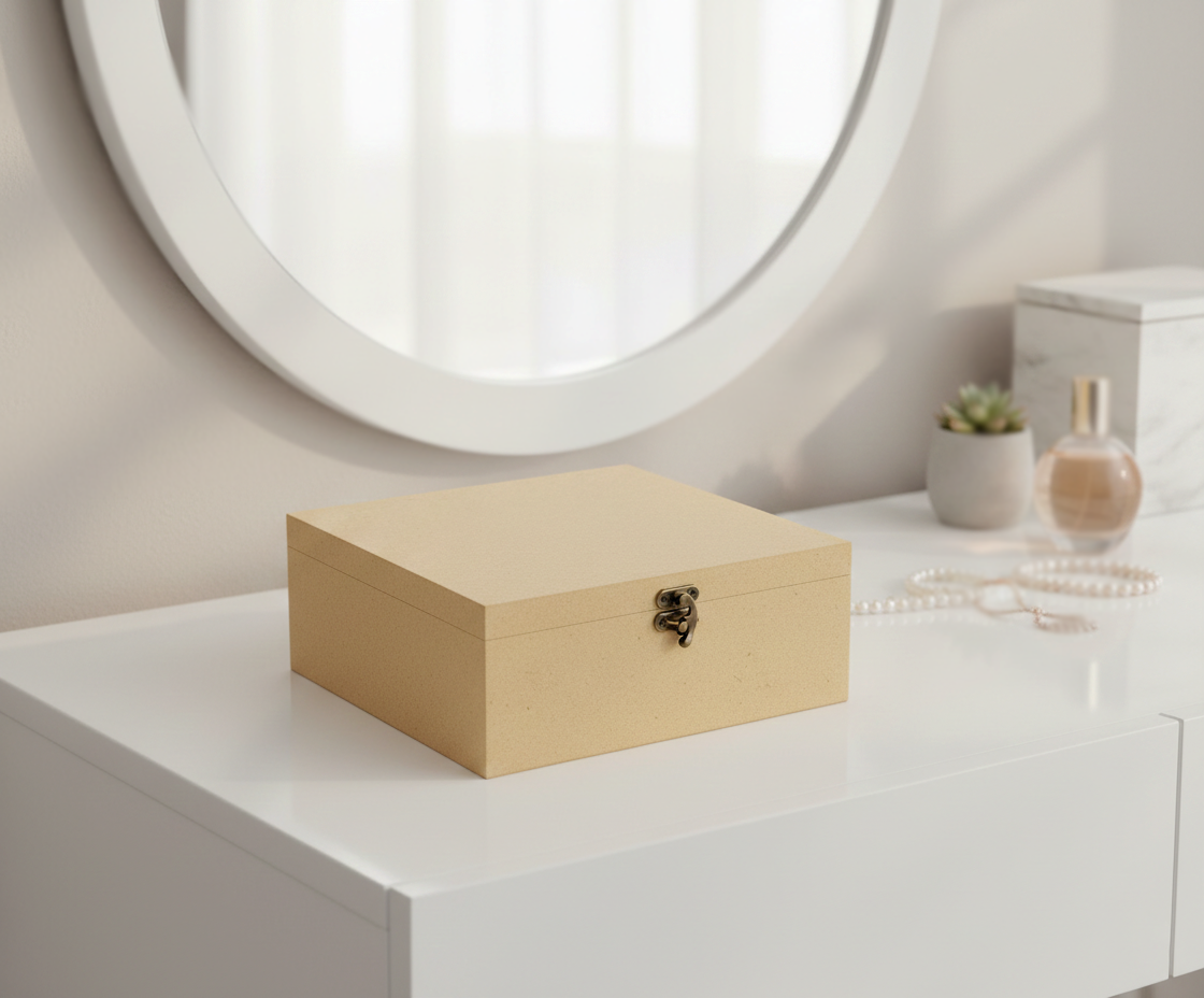 MDF DIY Jewellery Box on a white surface with a neutral background