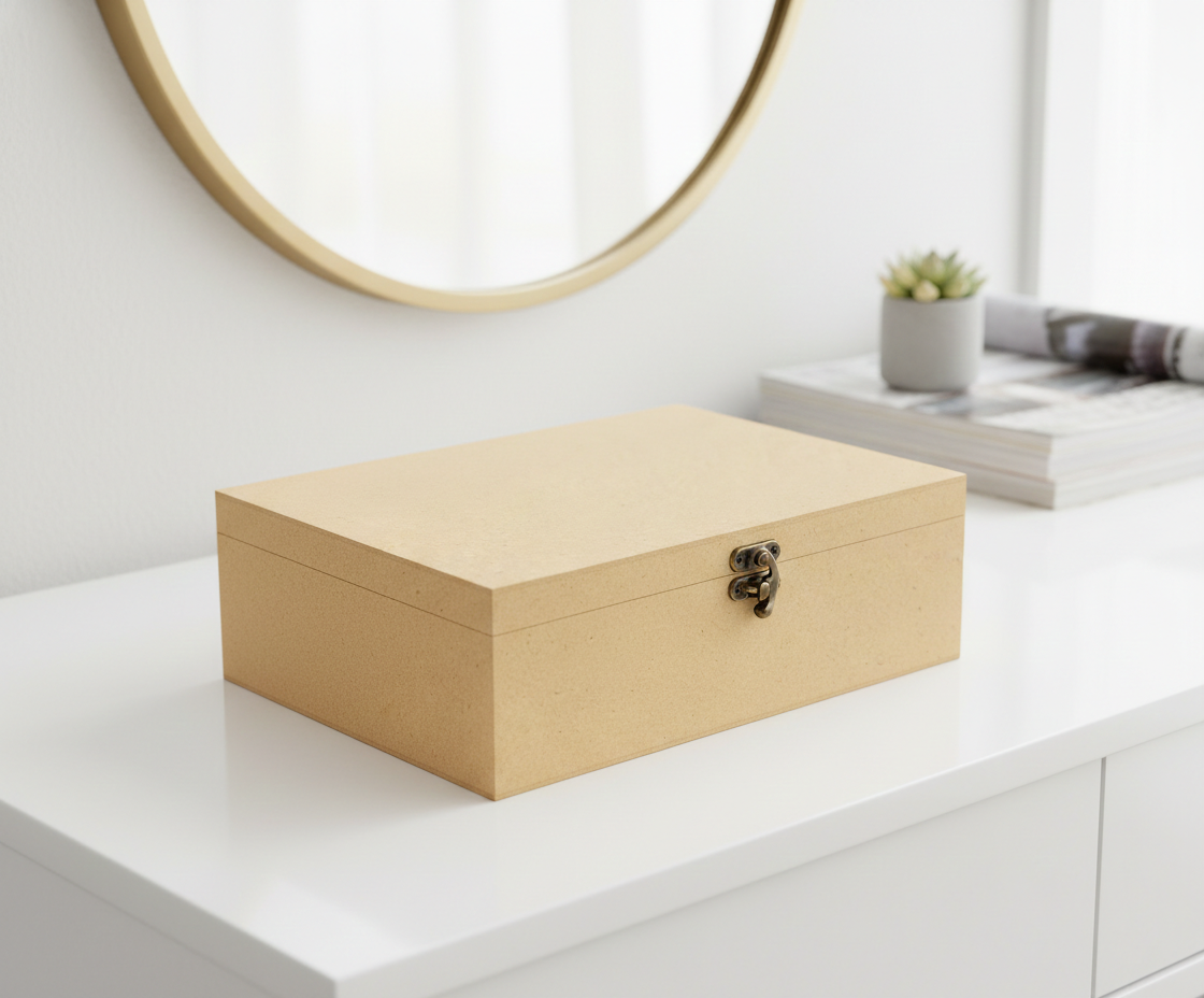 MDF DIY Jewellery Box with a latch on a white surface with a mirror and books in the background