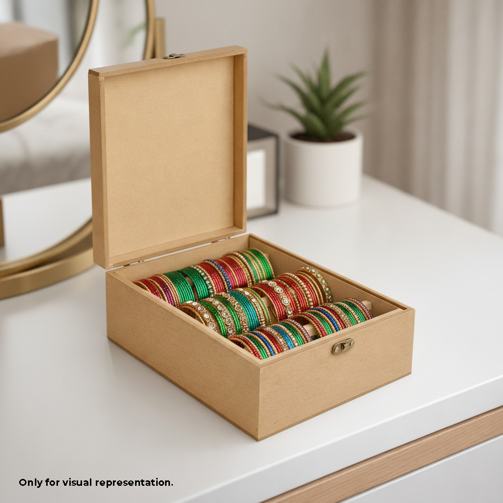 Open MDF DIY Jewellery Box filled with colorful bangles on a white surface.