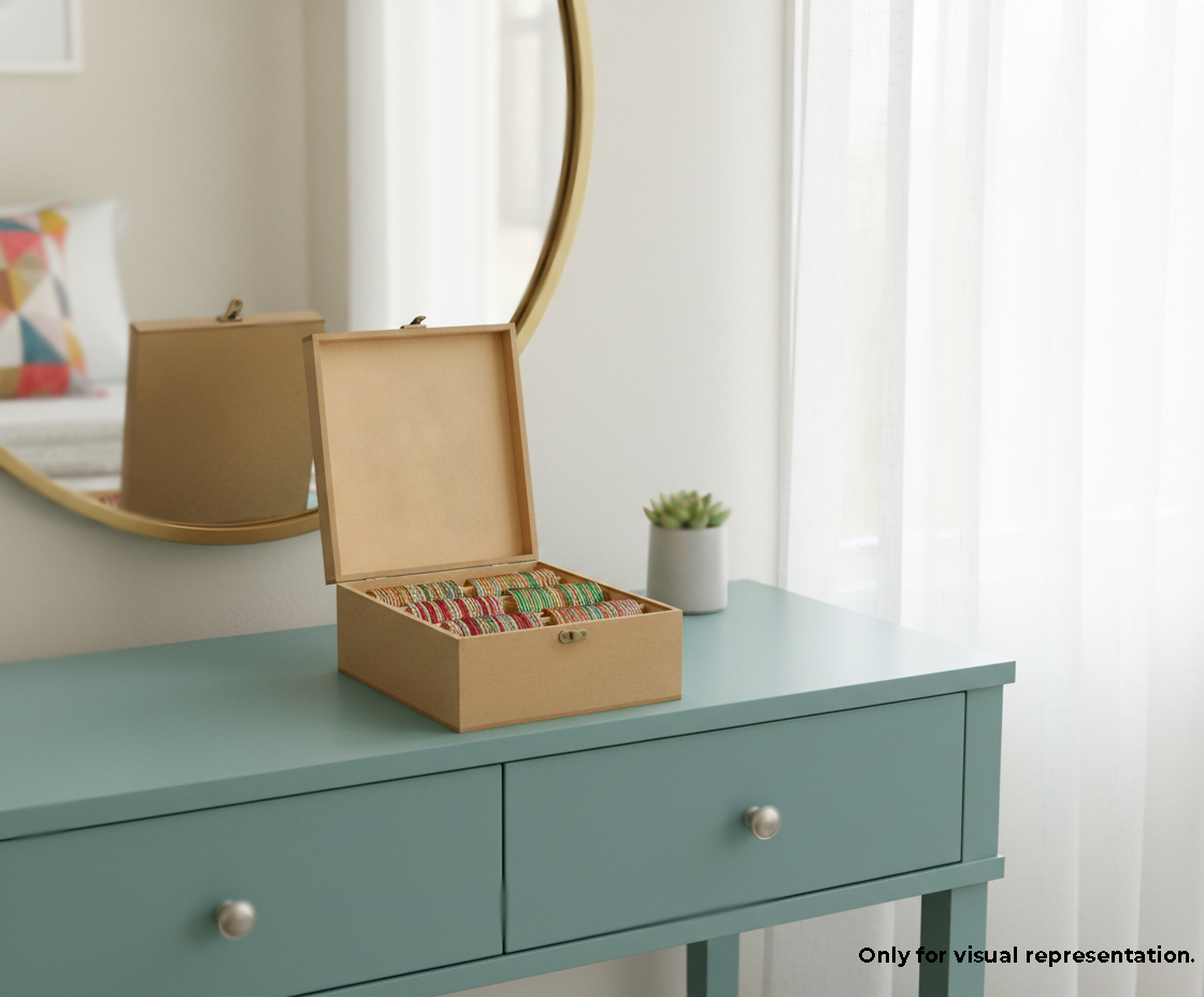 MDF DIY Jewellery Box on a teal dresser with a mirror and plant in the background