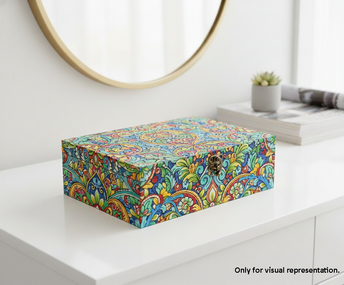 Colorful MDF DIY Jewellery Box on a white surface with a blurred background