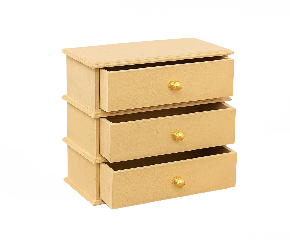 MDF DIY Jewellery Box with three drawers and gold knobs on a white background
