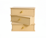 three-drawer MDF DIY Jewellery Box with gold knobs on a white background