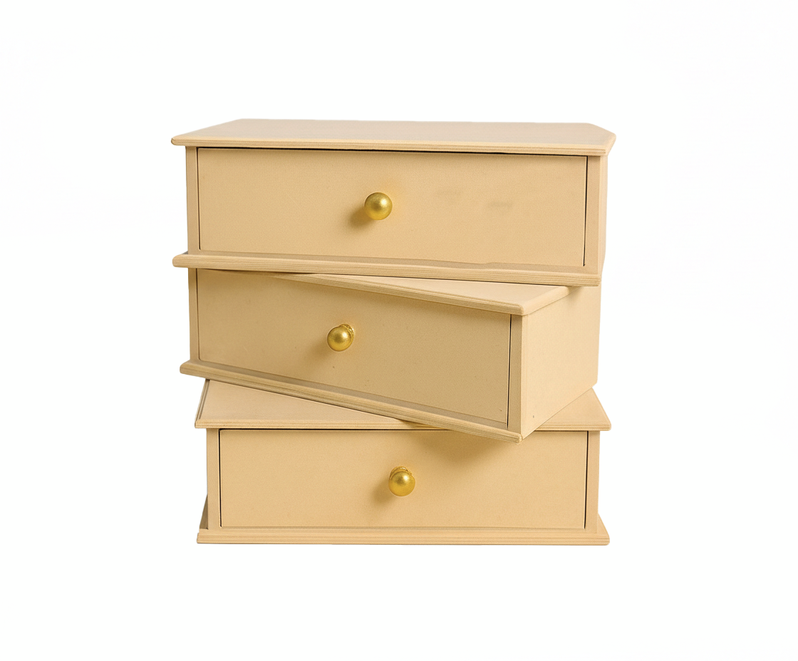 three-drawer MDF DIY Jewellery Box with gold knobs on a white background