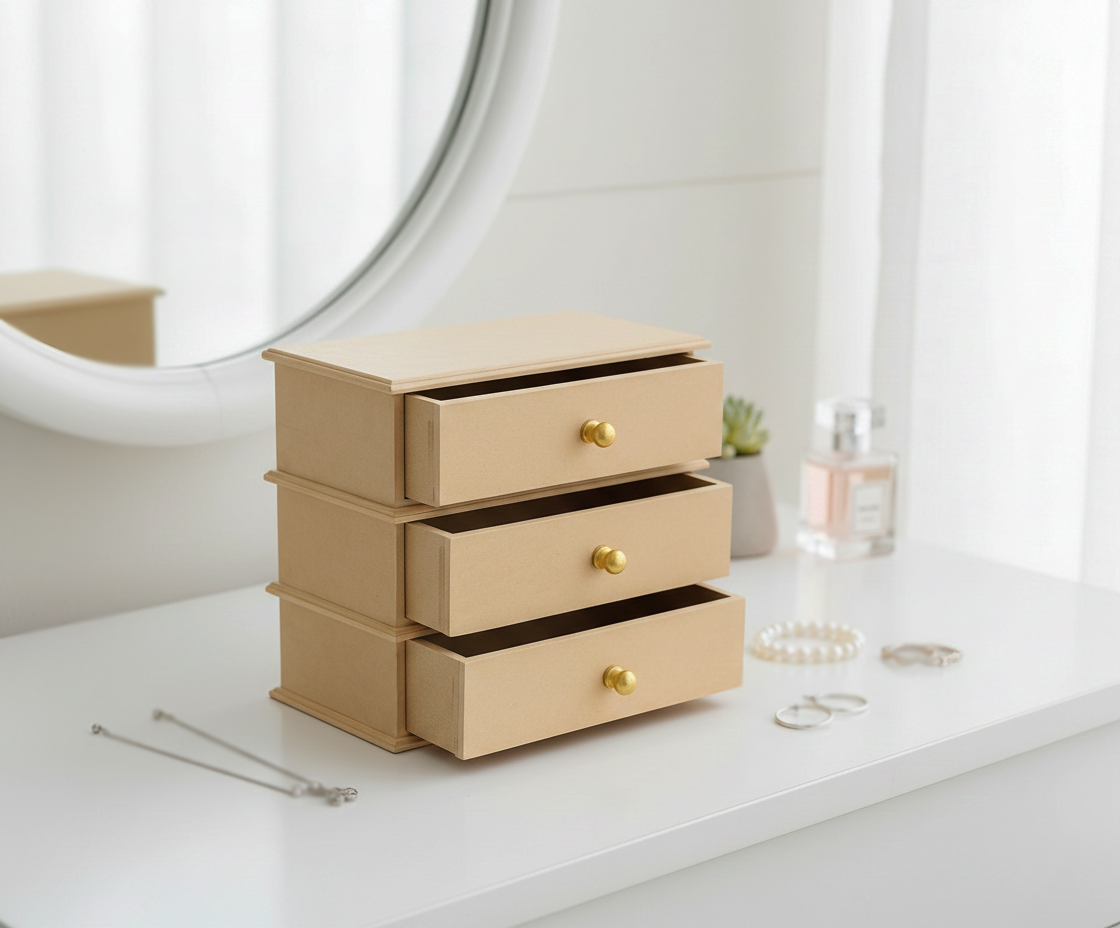 MDF DIY Jewellery Box with gold knobs on a white surface