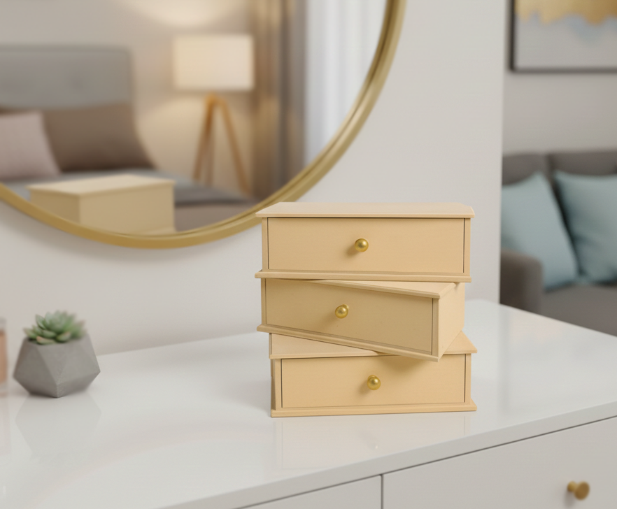 MDF DIY Jewellery Box with gold knobs on a dresser in a bedroom setting.