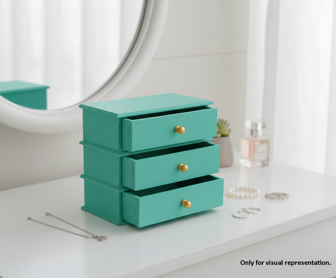 MDF DIY Jewellery Box with gold knobs on a white surface, with a mirror and perfume bottle in the background.