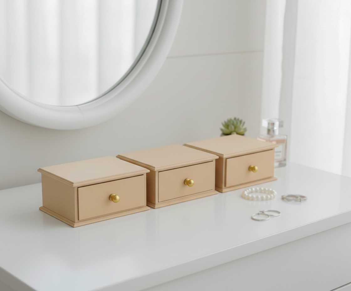 Set of three MDF DIY Jewellery Box with gold knobs on a white surface.