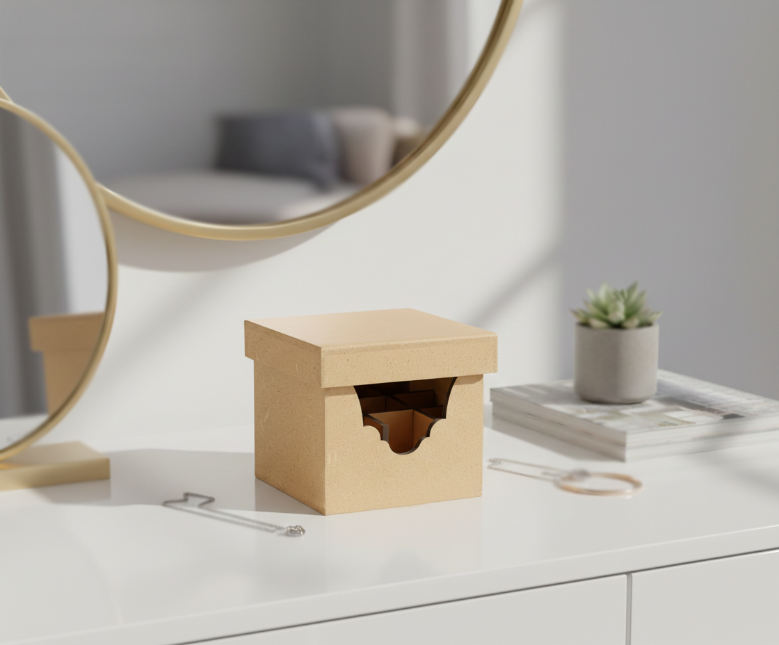 MDF DIY Jewellery Box on a dresser with a mirror and books in the background