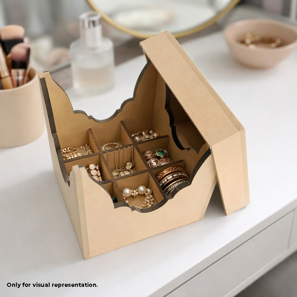 MDF DIY Jewellery Box with jewellery on a white surface