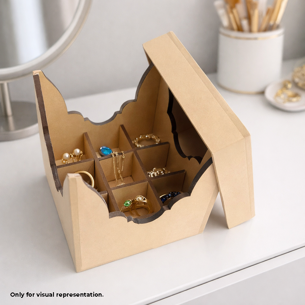 MDF DIY Jewellery Box with jewellery items on a white surface.