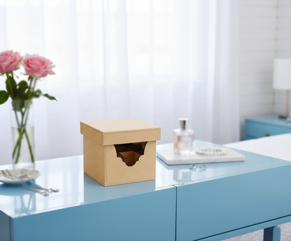 MDF DIY  jewellery box on a blue glass table with flowers and a lamp in the background