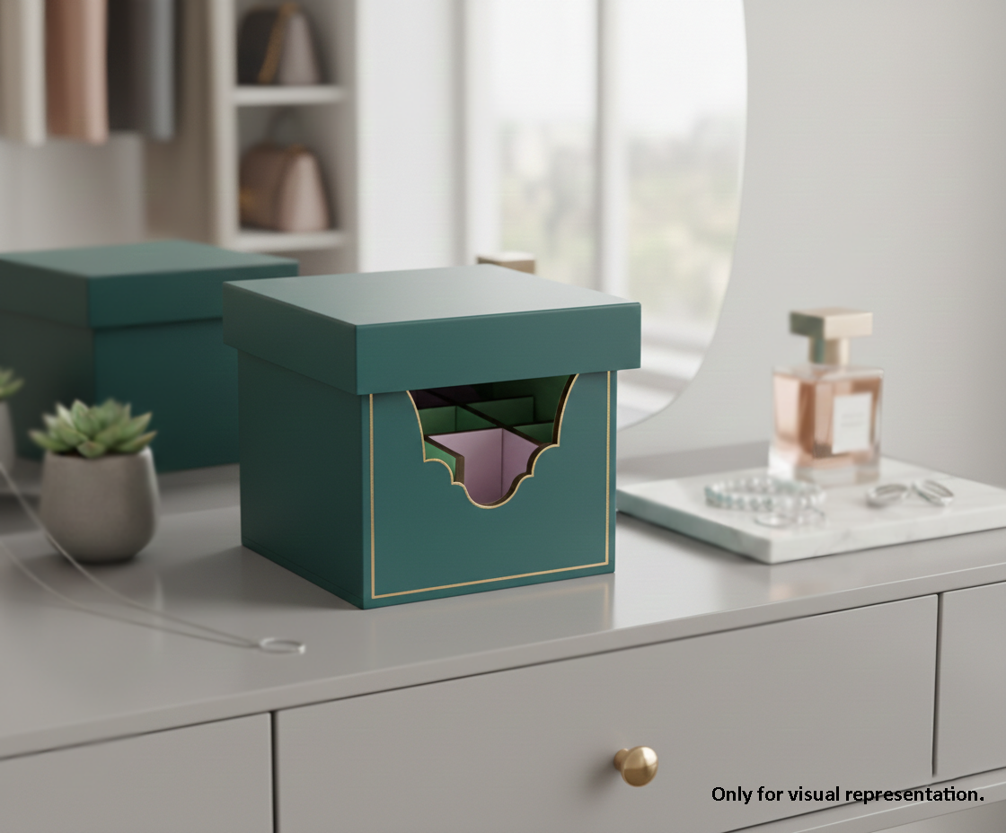 MDF DIY Jewellery storage box on a desk with a blurred background