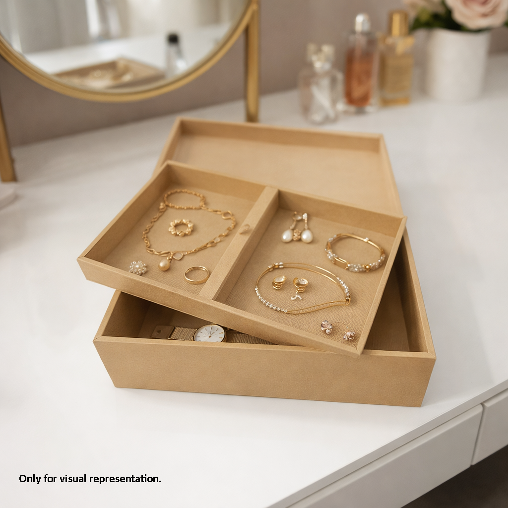 Open MDF DIY Jewellery Box with gold jewellery on a white surface.