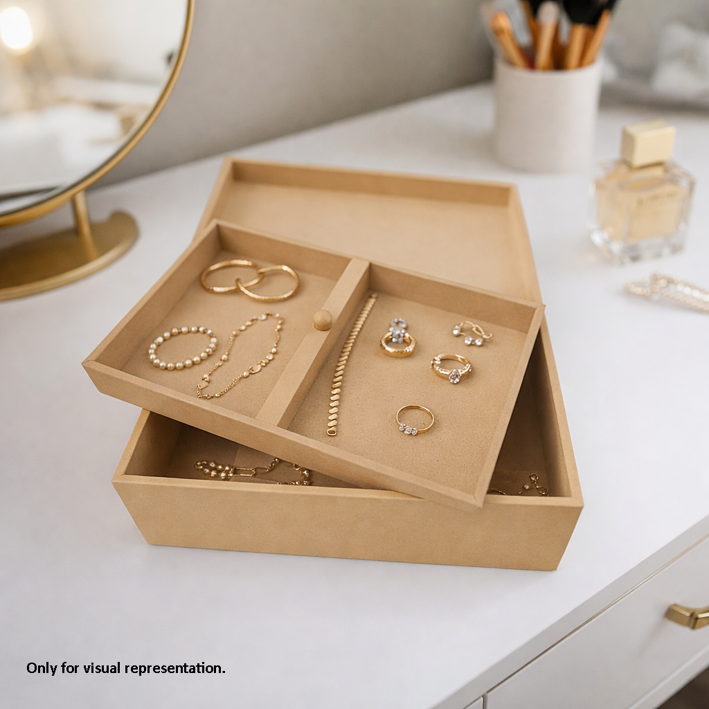 Open MDF DIY Jewellery Box with gold jewellery on a white surface.