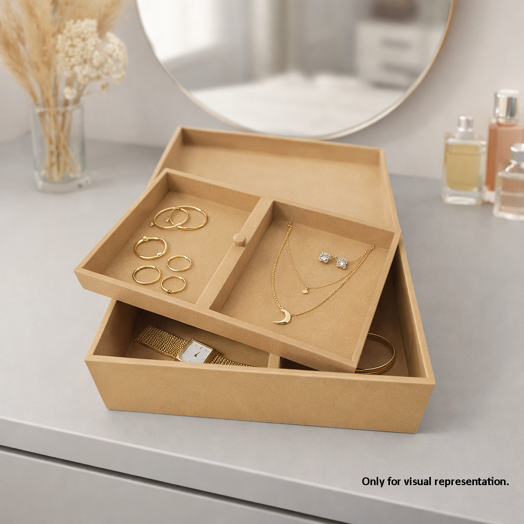 MDF DIY Jewellery Box with compartments containing gold jewellery on a light gray surface.