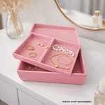 Pink MDF DIY Jewellery Box with compartments containing jewellery on a white surface.