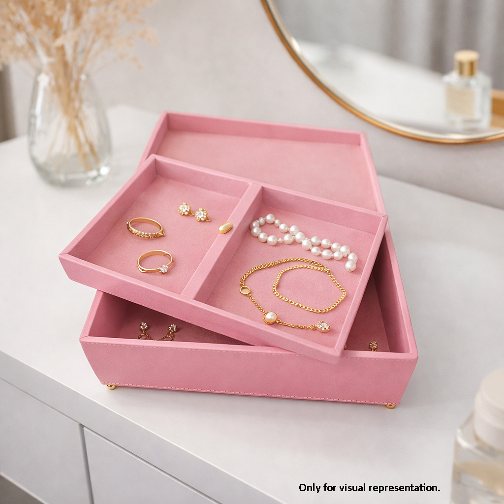 Pink MDF DIY Jewellery Box with compartments containing jewellery on a white surface.