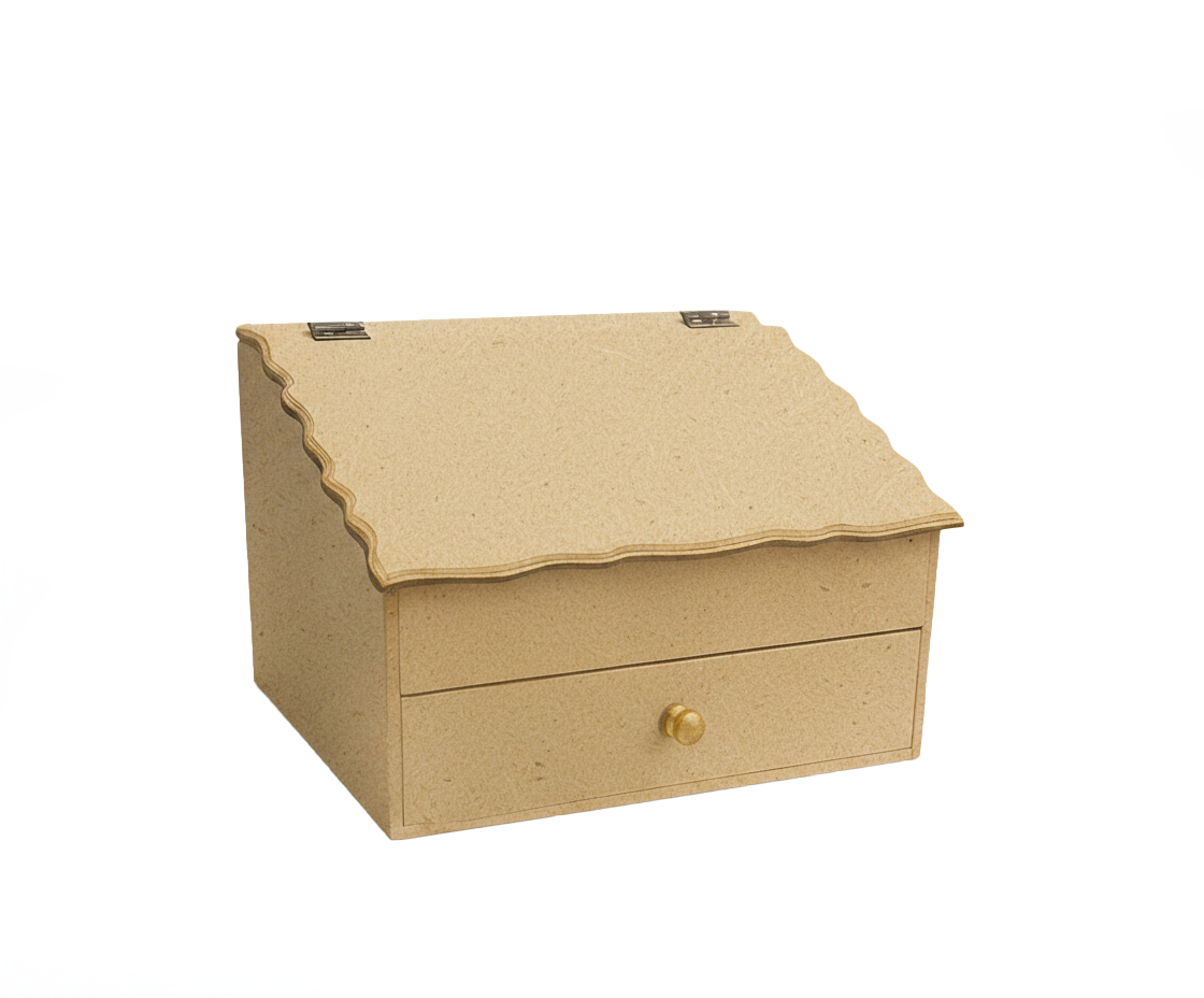 MDF DIY Jewellery Box with scalloped edge lid on a white background