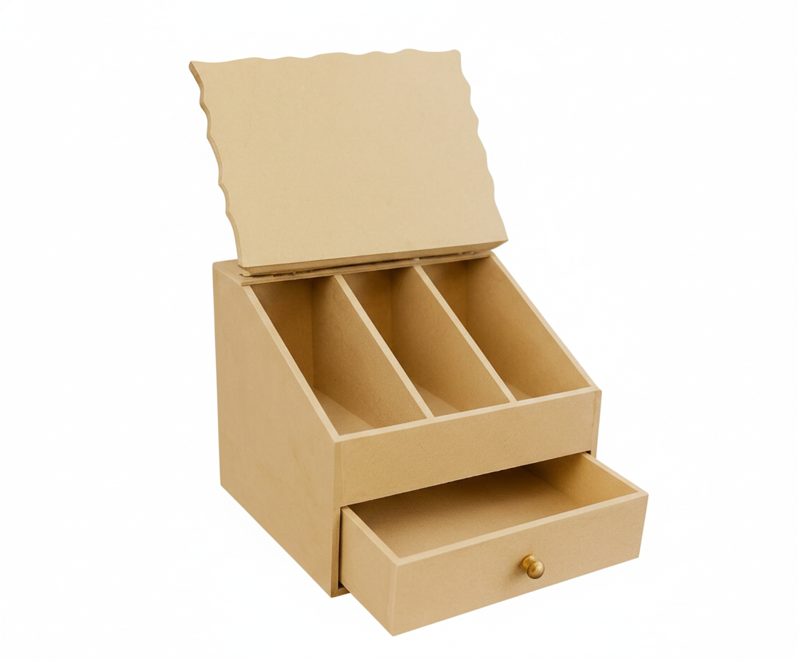 MDF DIY Jewellery Box with a lid, compartments, and a drawer on a white background