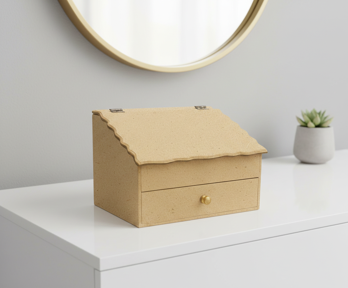 MDF DIY Jewellery Box on a white surface with a mirror and plant in the background