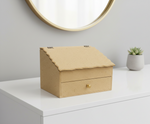 MDF DIY Jewellery Box on a white surface with a mirror and plant in the background