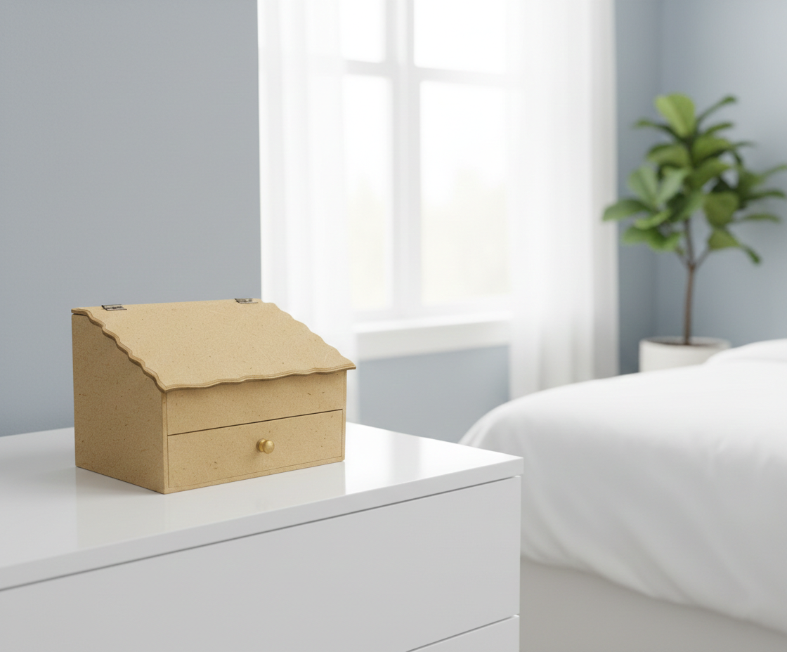 MDF DIY Jewellery Box on a white dresser with a blurred bedroom background