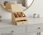 MDF DIY Jewellery Box with compartments on a dresser with decorative items.