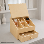 MDF DIY Jewellery Box with compartments and a drawer on a light surface.