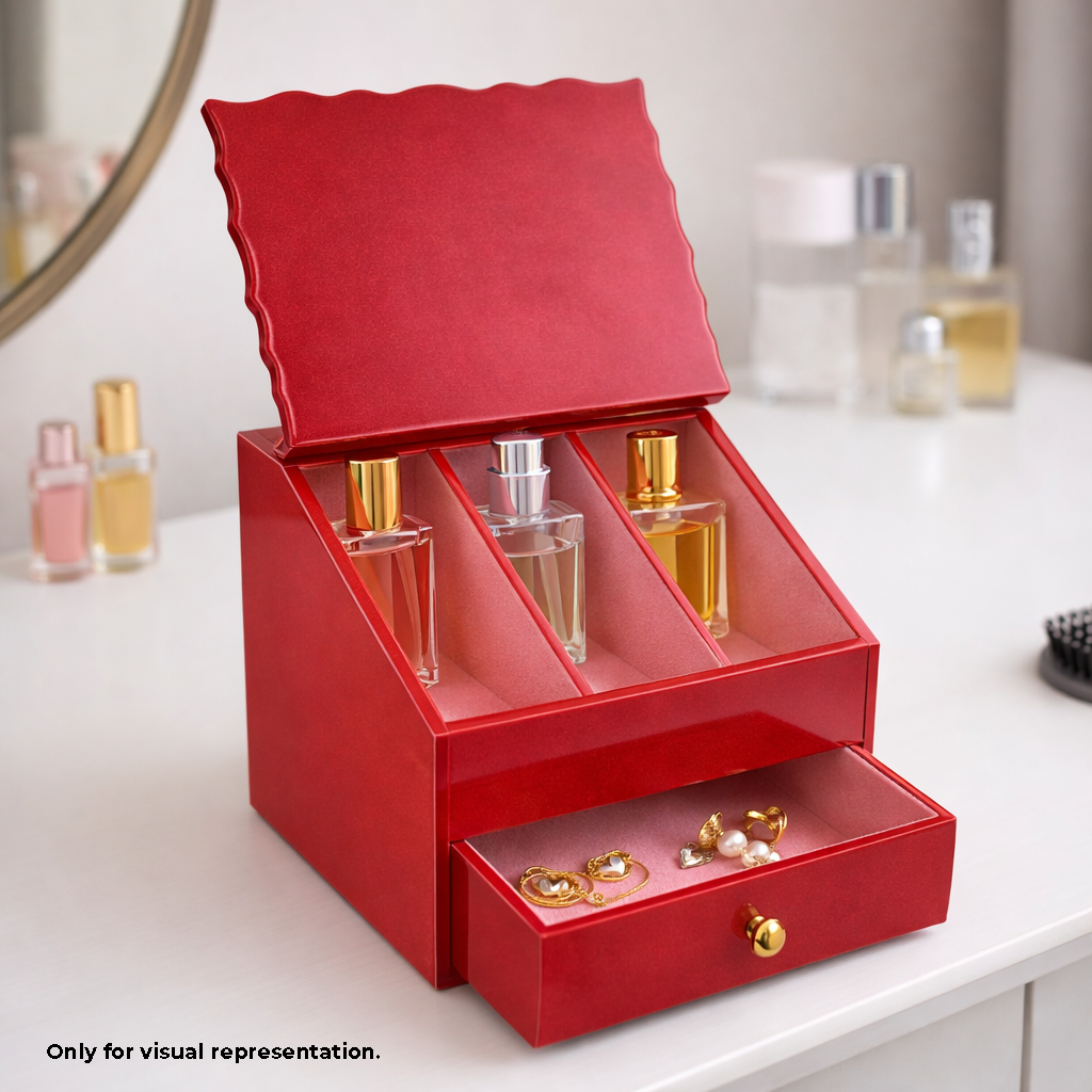 Red MDF DIY Jewellery Box with compartments containing perfume bottles and a drawer with jewellery on a white surface.